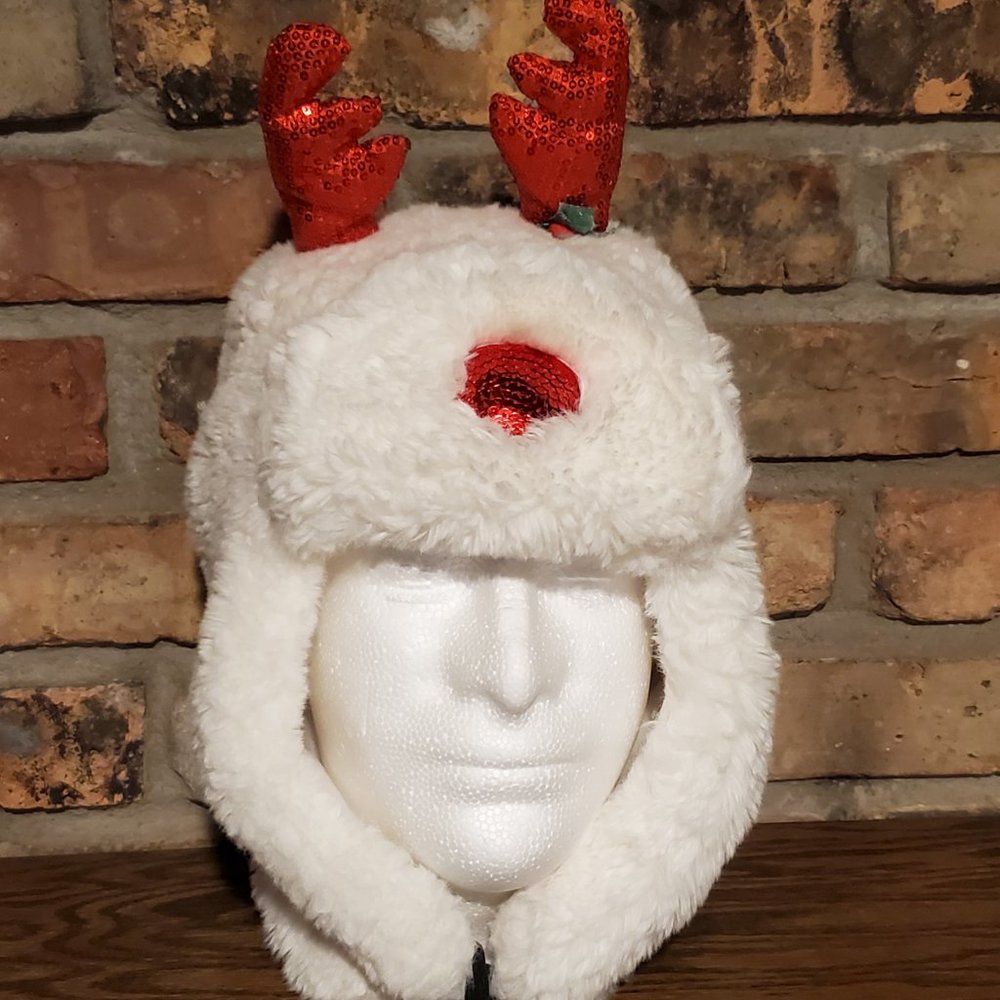 Charter Club Bomber Hat Christmas Sequin Reindeer Antlers White Plush One Size